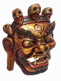 [bhairav], Handmade Wooden Mask, Wall Hanging, [painted Gold], Poplar Wood, Mahakala Two Arms
