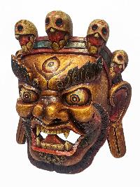 [bhairav], Handmade Wooden Mask, Wall Hanging, [painted Gold], Poplar Wood, Mahakala Two Arms
