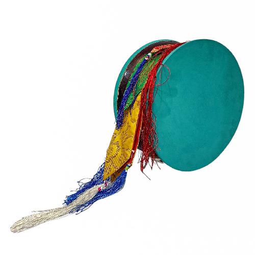 Tibetan Chod Damaru - Wooden And Leather, With Brocade Damaru Drum Cover And Damaru Brocade Tail