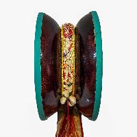 Tibetan Chod Damaru - Wooden And Leather, With Brocade Damaru Drum Cover And Damaru Brocade Tail