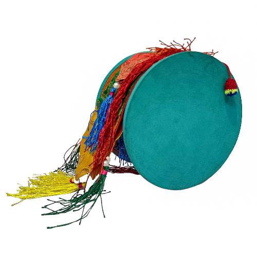 Tibetan Chod Damaru - Wooden And Leather, With Brocade Damaru Drum Cover And Damaru Brocade Tail