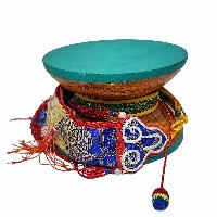Tibetan Chod Damaru - Wooden And Leather, With Brocade Damaru Drum Cover And Damaru Brocade Tail
