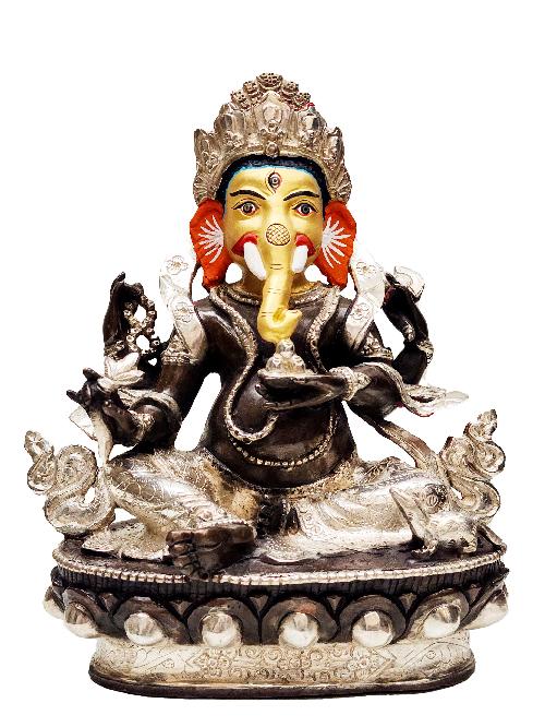 [ganesh], Buddhist Handmade Statue, [silver And Chocolate Oxidized], [face Painted]