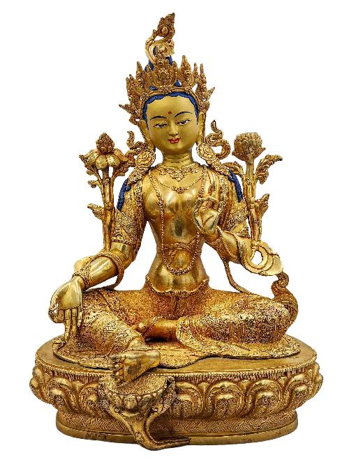 [green Tara], Buddhist Handmade Statue, [face Painted] And [gold Plated], [high Quality]