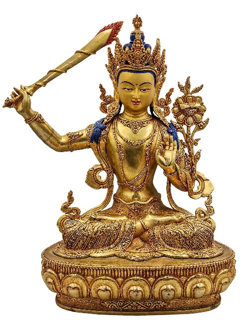 [manjushri], Buddhist Handmade Statue, [face Painted] And [gold Plated], [high Quality]