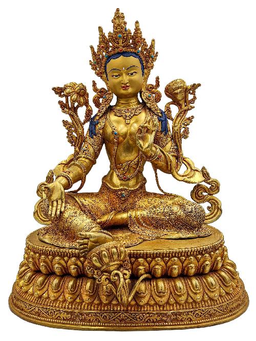 [green Tara], Buddhist Handmade Statue, [face Painted] And [gold Plated], [high Quality]