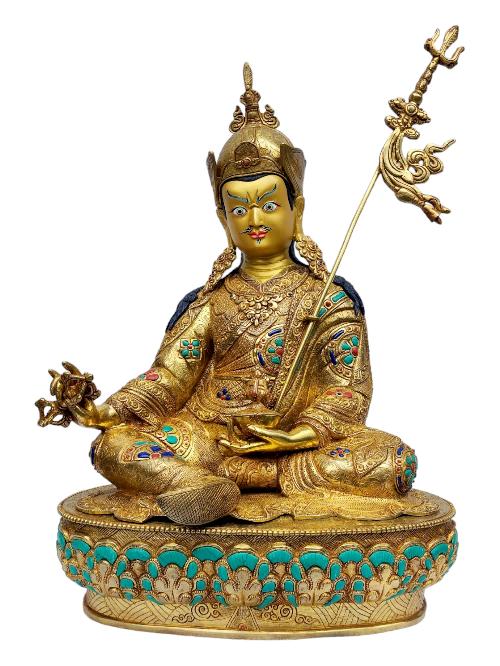[padmasambhava], Buddhist Handmade Statue, [full Gold Plated], [painted Face], [stone Setting]