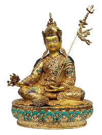 [padmasambhava], Buddhist Handmade Statue, [full Gold Plated], [painted Face], [stone Setting]
