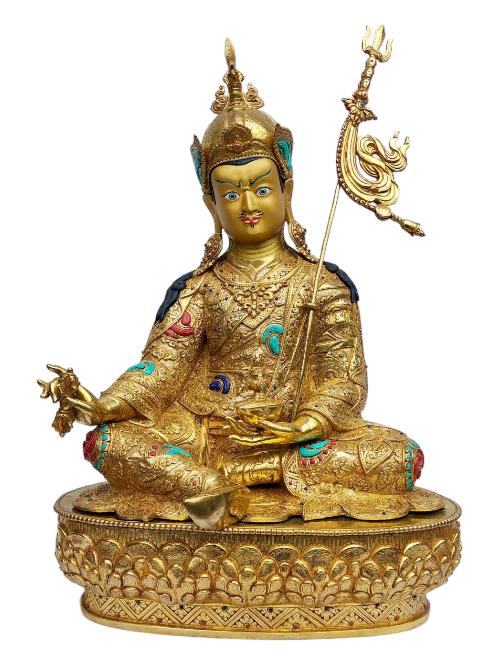 [padmasambhava], Buddhist Handmade Statue, [full Gold Plated], [painted Face], [stone Setting]