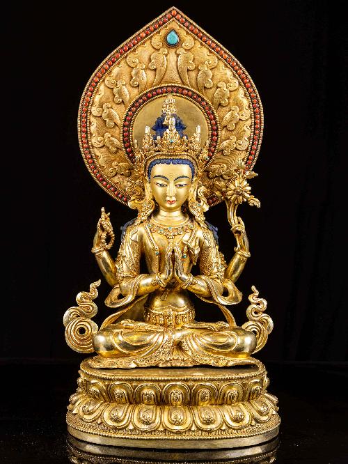 [chenrezig], Buddhist Handmade Statue, [full Fire Gold Plated], [face Painted], [stone Setting]