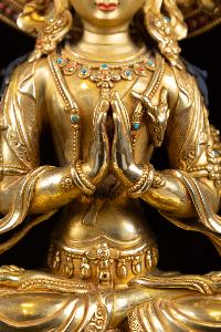[chenrezig], Buddhist Handmade Statue, [full Fire Gold Plated], [face Painted], [stone Setting]