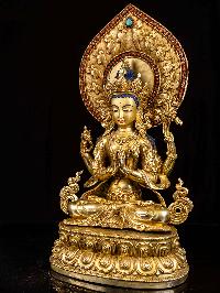 [chenrezig], Buddhist Handmade Statue, [full Fire Gold Plated], [face Painted], [stone Setting]