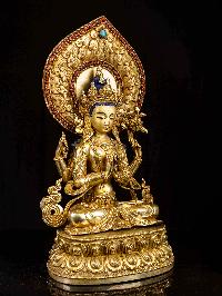 [chenrezig], Buddhist Handmade Statue, [full Fire Gold Plated], [face Painted], [stone Setting]
