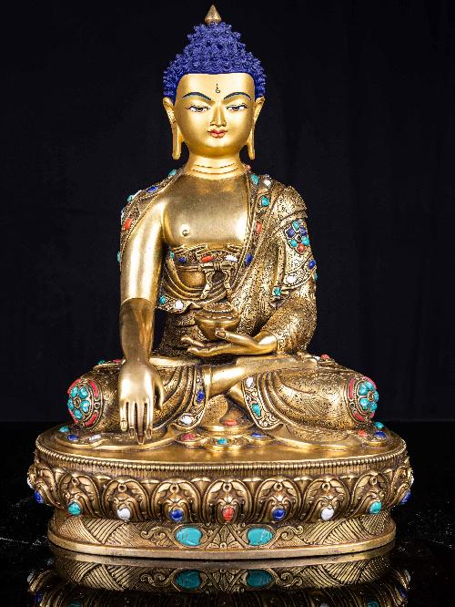 [shakyamuni Buddha], Buddhist Handmade Statue, [full Fire Gold Plated], [face Painted], [stone Setting]