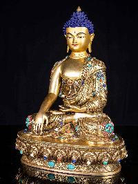 [shakyamuni Buddha], Buddhist Handmade Statue, [full Fire Gold Plated], [face Painted], [stone Setting]