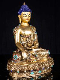 [shakyamuni Buddha], Buddhist Handmade Statue, [full Fire Gold Plated], [face Painted], [stone Setting]