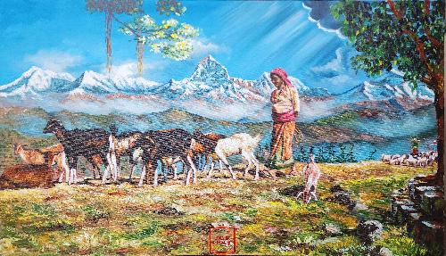 Oil Painting, Mt Machhapuchchhre With Domestic Grazing (knife Art), By Keshar Man Chitrakar