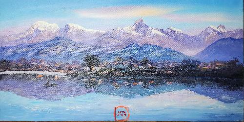 Oil Painting, Annapurna Range Rupa Taal [knife Art], By Thamang Malla