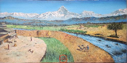 Oil Painting, Mt Machhapuchchhre Ghale Village Rapti River [knife Art], By Mishri Man Chitrakar