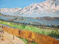 Oil Painting, Mt Machhapuchchhre Ghale Village Rapti River [knife Art], By Mishri Man Chitrakar