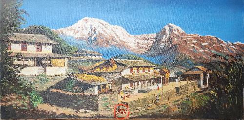 Oil Painting, Mt Annapurna Gurung Village [knife Art], By Mishri Man Chitrakar
