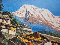 Oil Painting, Mt Annapurna Gurung Village [knife Art], By Mishri Man Chitrakar