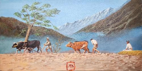 Oil Painting, Farmer Daily Life Scenary [knife Art], By Mishri Man Chitrakar