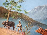Oil Painting, Farmer Daily Life Scenary [knife Art], By Mishri Man Chitrakar
