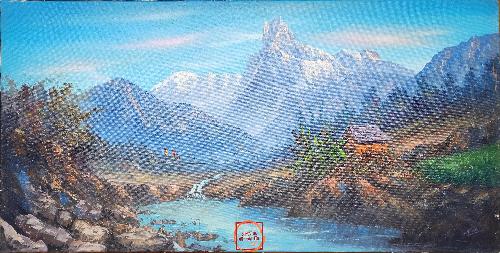 Oil Painting, Mt Machhapuchchhre Rapti River [knife Art], By Thamang Malla