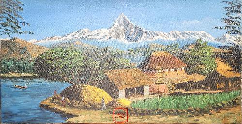 Oil Painting, Mt Machhapuchchhre Ghale Village Rapti River [knife Art], By Mishri Man Chitrakar
