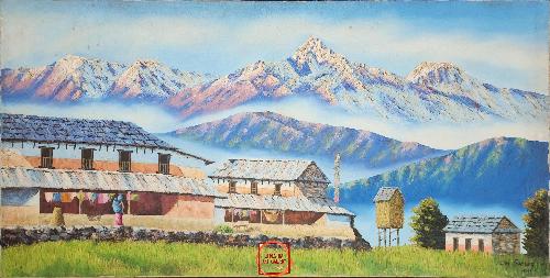 Oil Painting, Annapurna Rnage Ghale Village [knife Art],  By Om Gurung