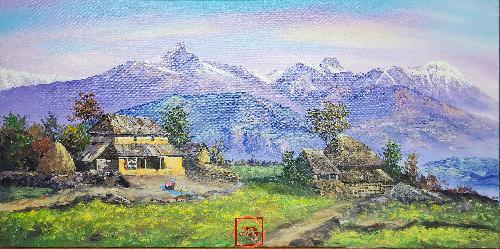 Oil Painting, Annapurna Range Ghale Village [knife Art], By Thamang Malla
