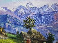 Oil Painting, Annapurna Range Ghale Village [knife Art], By Thamang Malla