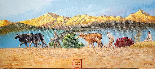 Oil Painting, Farmer Daily Life Scenery, By Mishri Man Chitrakar