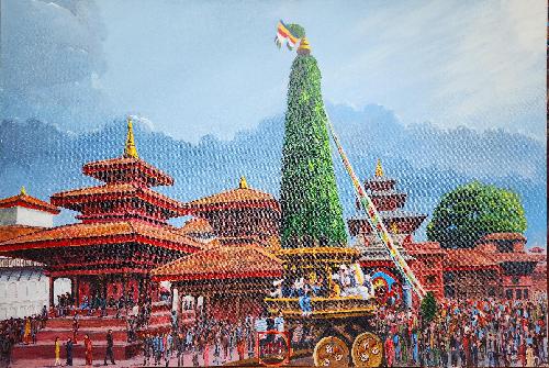 Oil Painting, Seto Machindranath Rath [charot] Pulling Modern Inspired Heritage Art, By Mishri Man Chitrakar