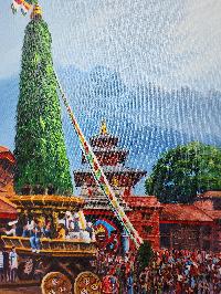 Oil Painting, Seto Machindranath Rath [charot] Pulling Modern Inspired Heritage Art, By Mishri Man Chitrakar