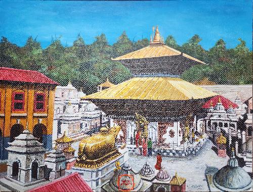 Oil Painting, Pashupatinath Mandir Modern Inspired Heritage Art Kmc