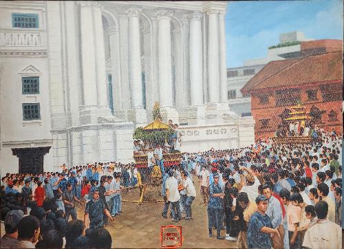 Oil Painting, Indra Jatra Bhairab Rath[charot] Modern Inspired Heritage Art, By Mishri Man Chitrakar
