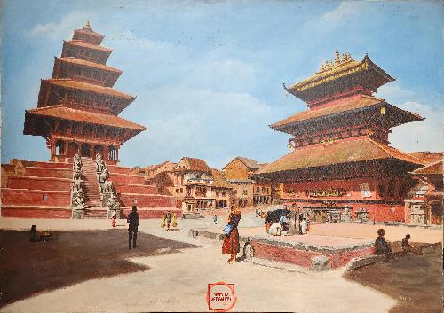 Oil Painting, 5 Storage Temple [nyatapole] Modern Inspired Heritage Art, By Mishri Man Chitrakar