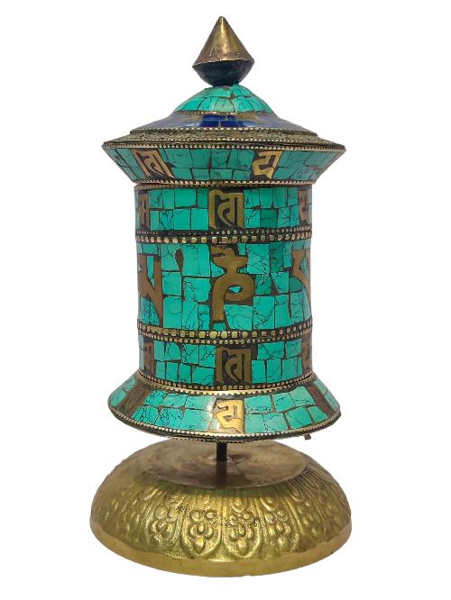 Table Top Prayer Wheel, Buddhist Handmade Prayer Wheel With Carved Mantra