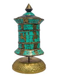 Table Top Prayer Wheel, Buddhist Handmade Prayer Wheel With Carved Mantra