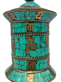 Table Top Prayer Wheel, Buddhist Handmade Prayer Wheel With Carved Mantra