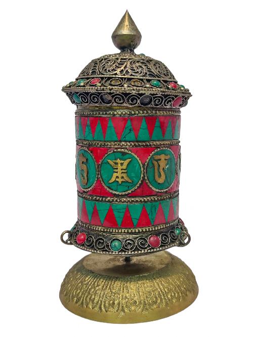 Table Top Prayer Wheel, Buddhist Handmade Prayer Wheel With Carved Mantra