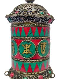 Table Top Prayer Wheel, Buddhist Handmade Prayer Wheel With Carved Mantra