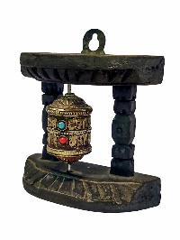 Prayer Wheel With Mantra Inside, [oxidized With Carved Mantra], Wall Mountable