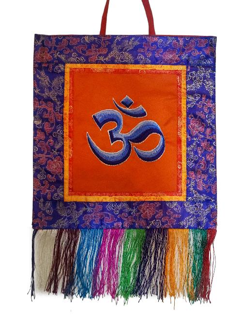 Tibetan Cochin Brocade Wall Hanging With Embroidered Om