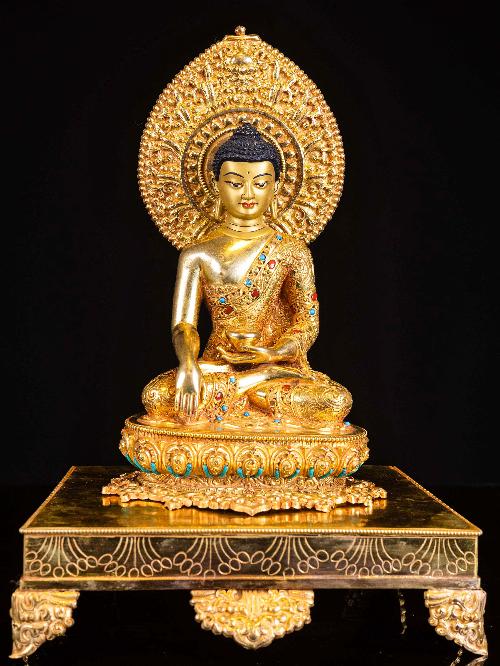 [shakyamuni Buddha], Buddhist Handmade Statue, [full Gold Plated], [face Painted], [stone Setting]