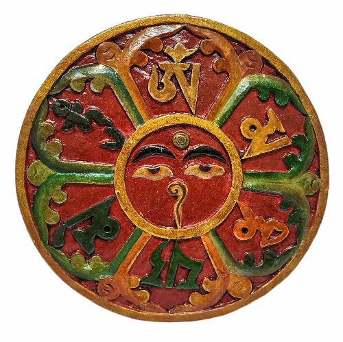 Wooden Wall Hanging With Buddha Eye And Omph, [natural Colour Finishing], Hand Painted