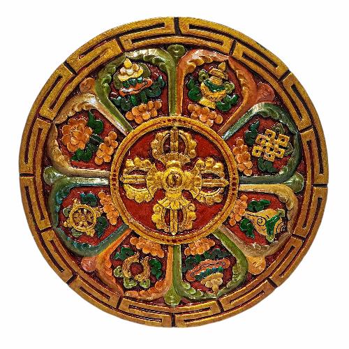 Wooden Wall Hanging With Double Dorje And Ashtamangal, [natural Colour Finishing], Hand Painted