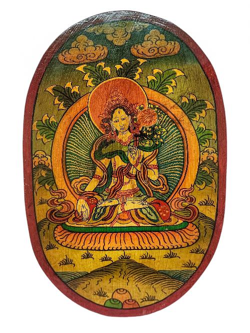 Wooden Thangka Or Wall Hanging Of White Tara, [natural Colour Finishing], Hand Painted